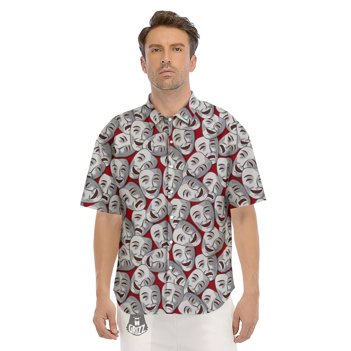 Happy And Sad Theatrical Masks Print Pattern Men's Short Sleeve Shirts-grizzshop