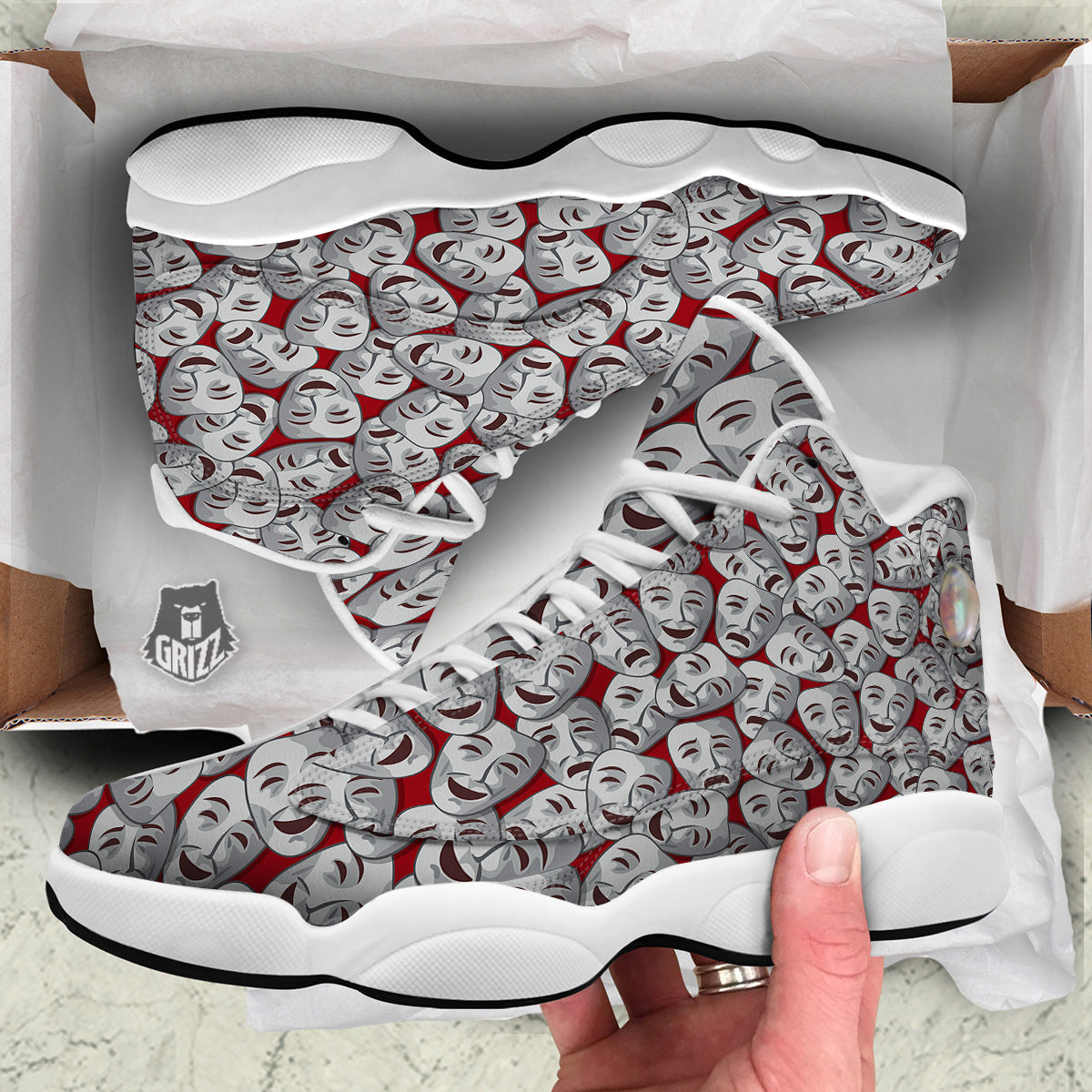 Happy And Sad Theatrical Masks Print Pattern White Basketball Shoes-grizzshop