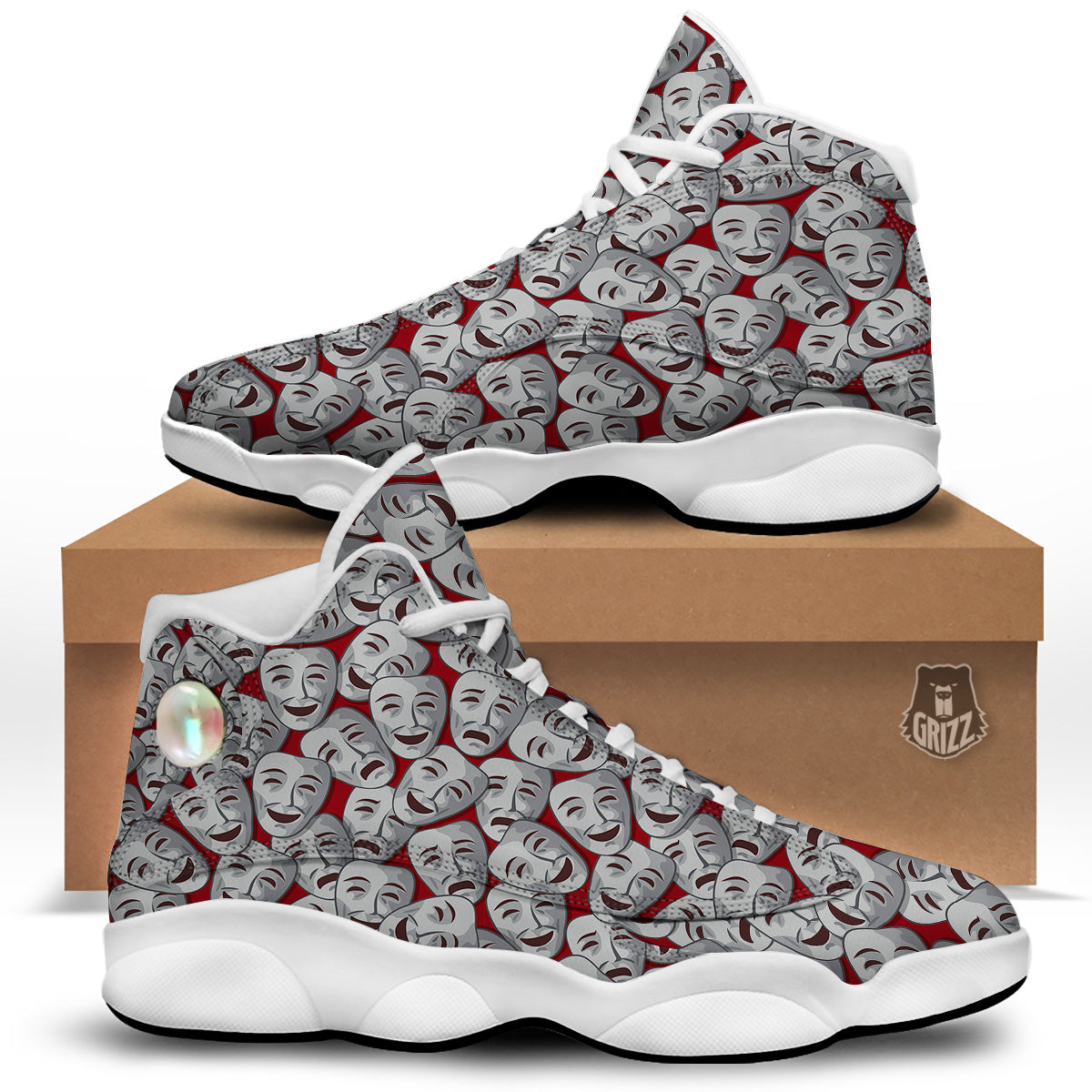 Happy And Sad Theatrical Masks Print Pattern White Basketball Shoes-grizzshop