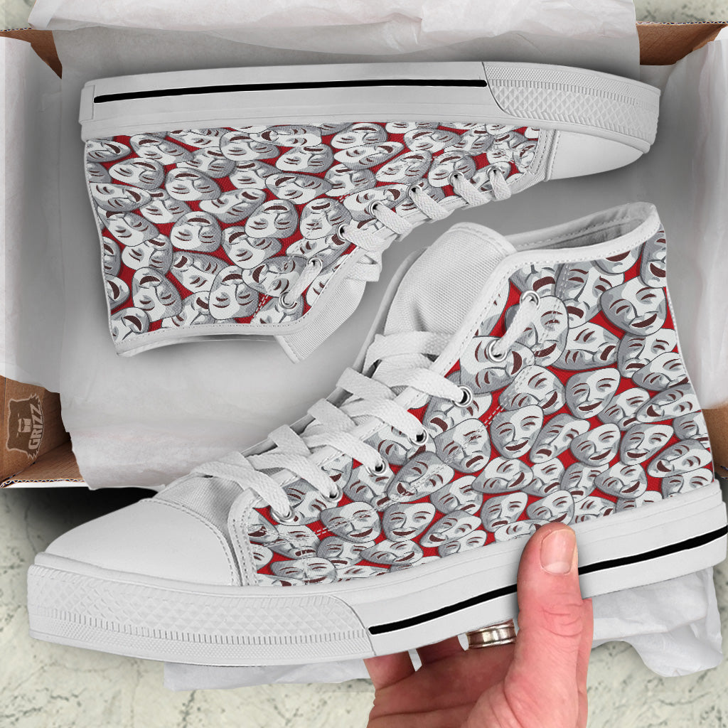 Happy And Sad Theatrical Masks Print Pattern White High Top Shoes-grizzshop