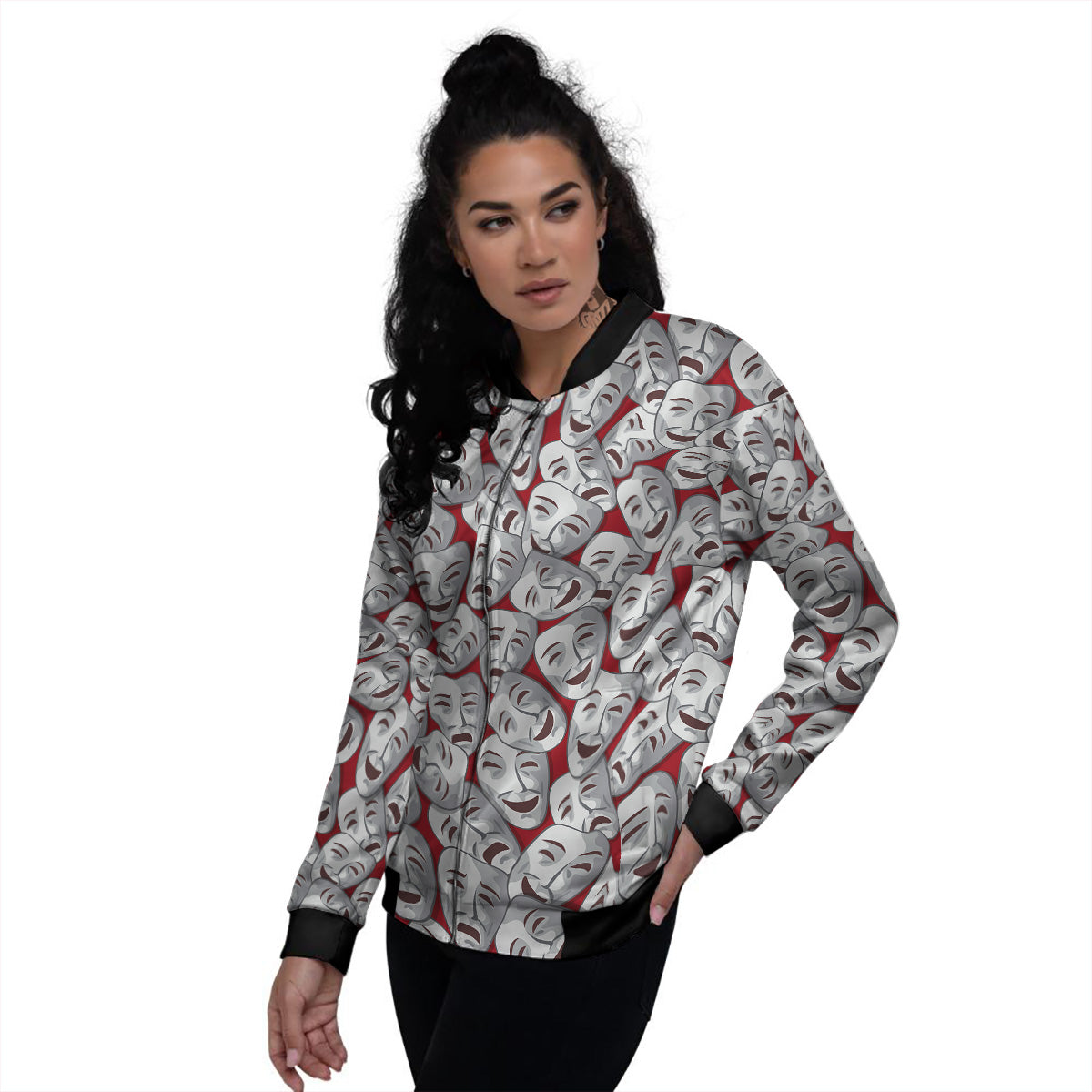 Happy And Sad Theatrical Masks Print Pattern Women's Bomber Jacket-grizzshop