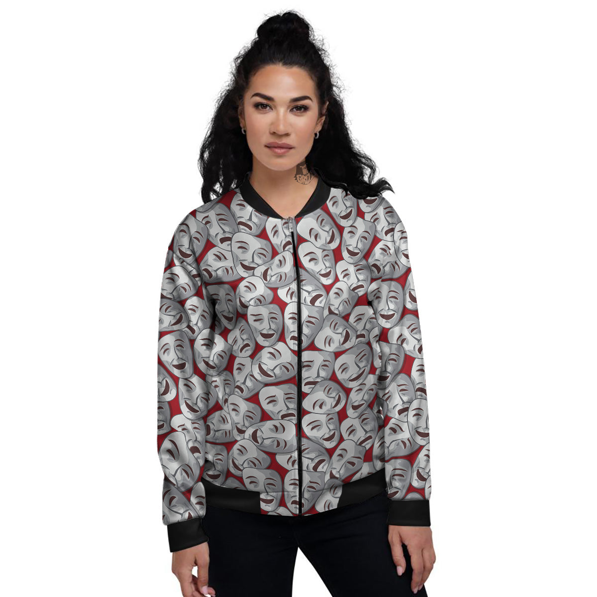 Happy And Sad Theatrical Masks Print Pattern Women's Bomber Jacket-grizzshop