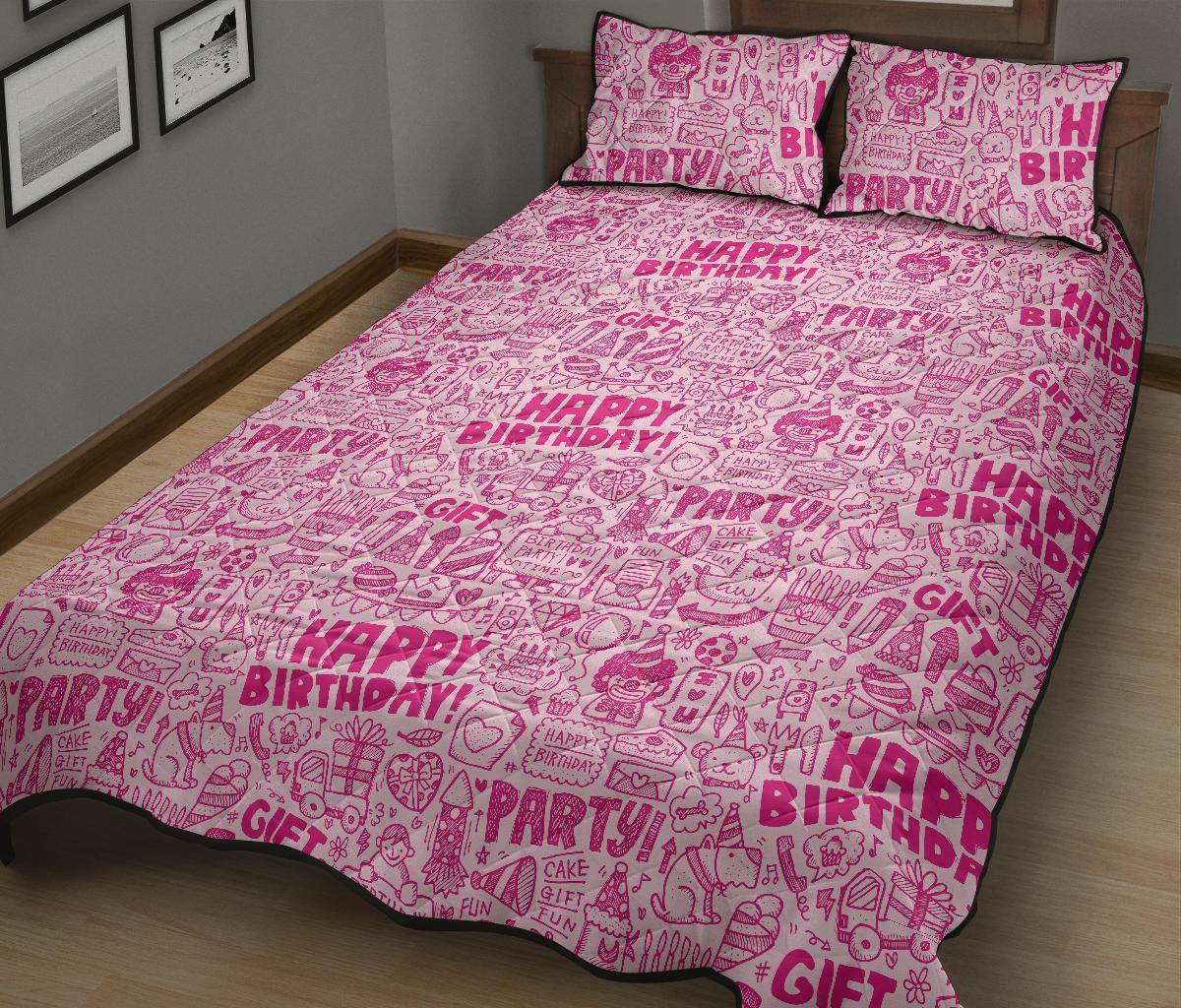 Happy Birthday Pattern Print Bed Set Quilt-grizzshop