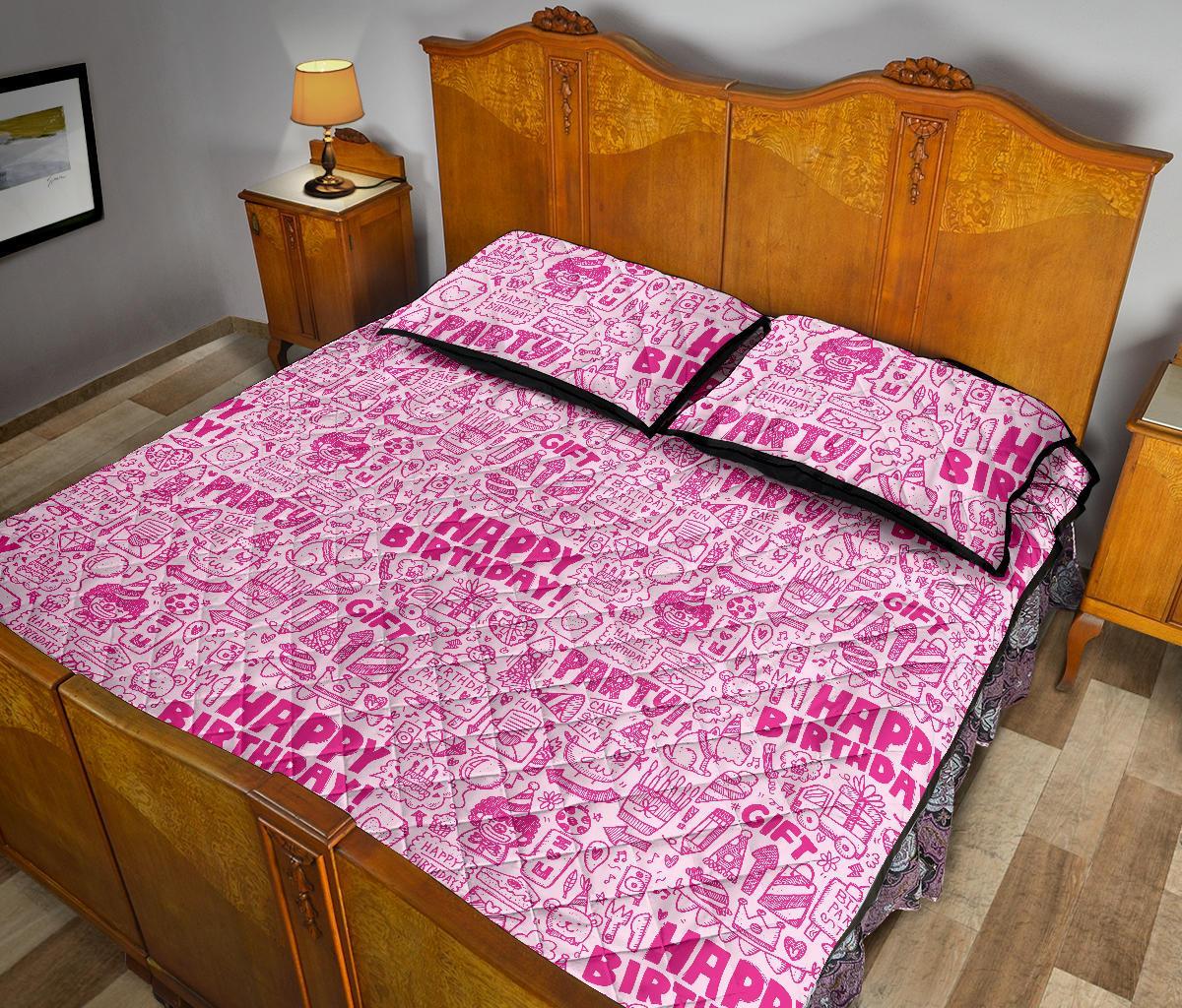 Happy Birthday Pattern Print Bed Set Quilt-grizzshop