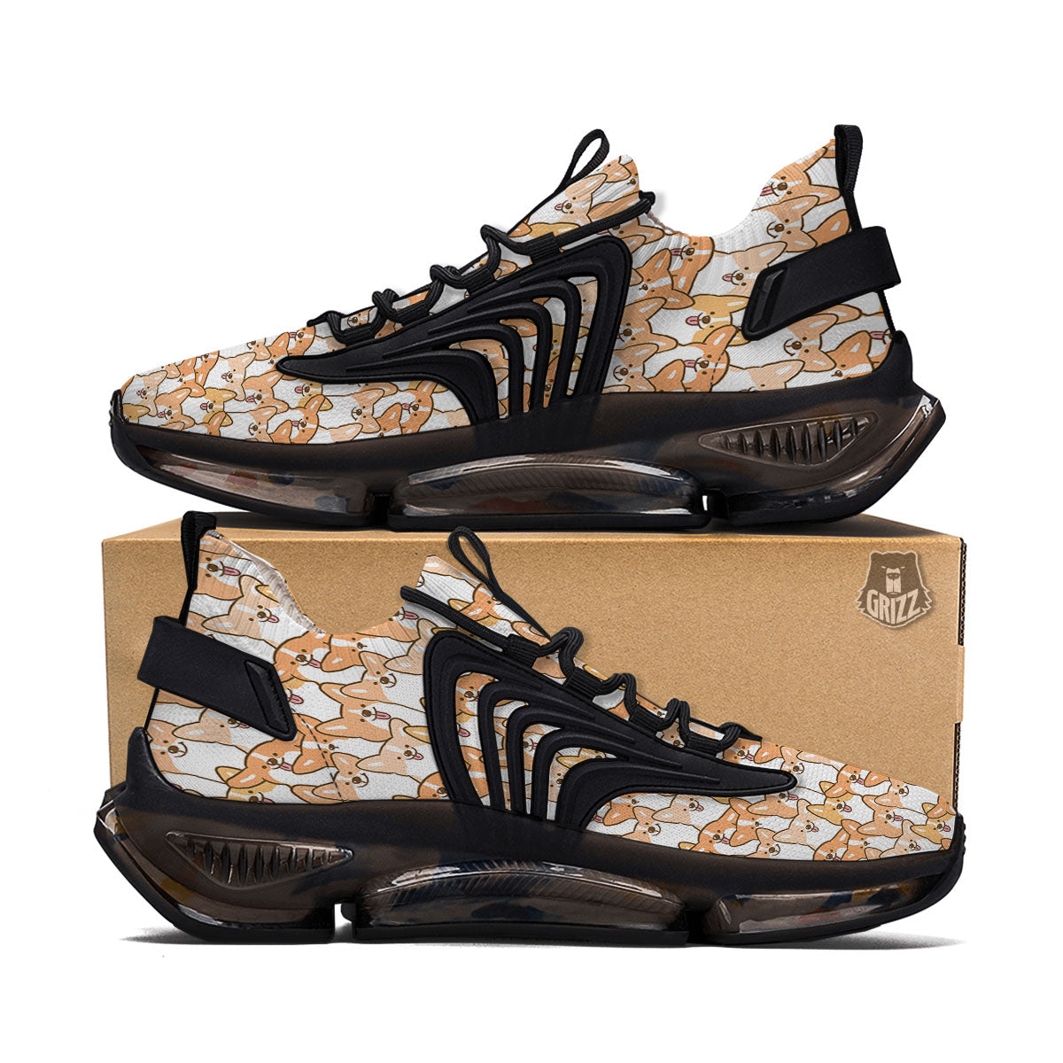 Happy Corgi Print Pattern Black Gym Shoes-grizzshop