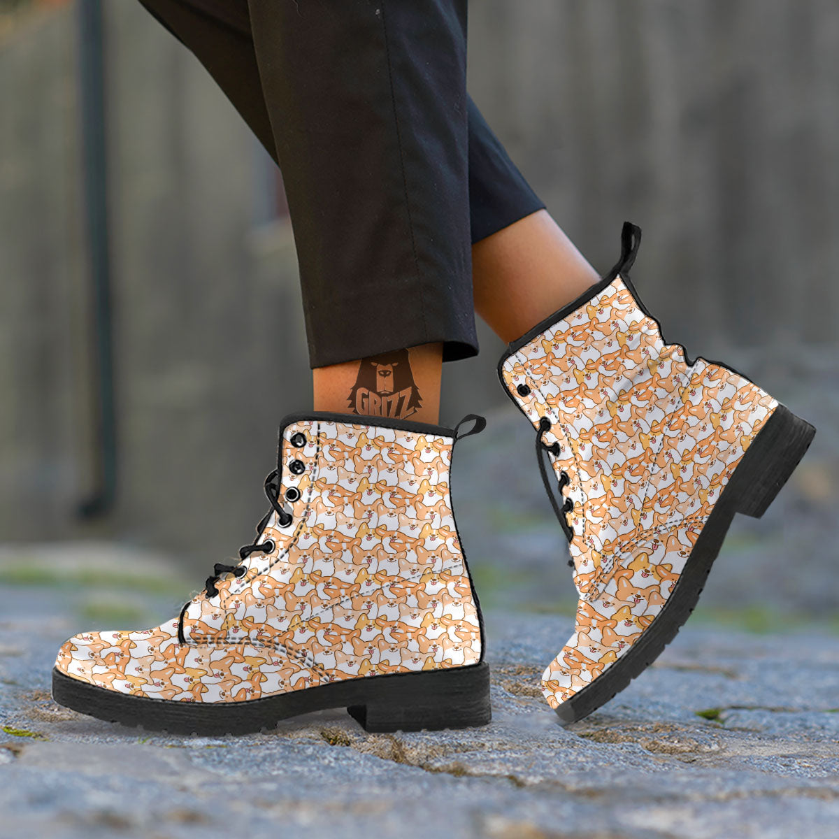 Happy Corgi Print Pattern Leather Boots-grizzshop