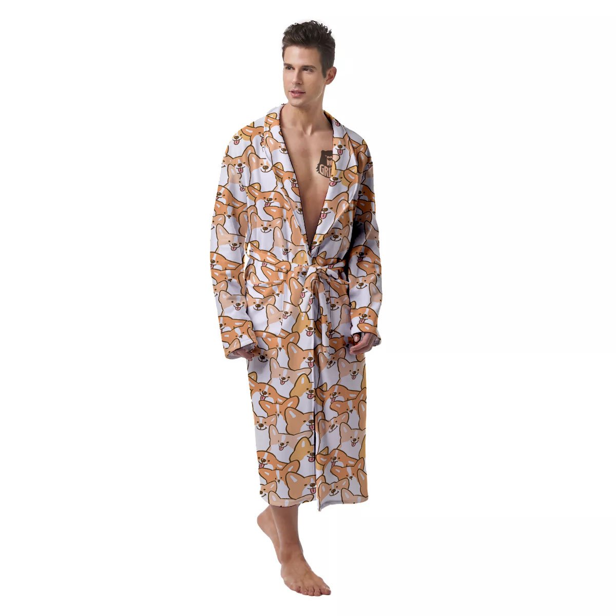 Happy Corgi Print Pattern Men's Robe-grizzshop