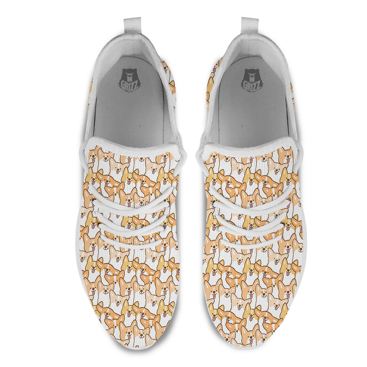 Happy Corgi Print Pattern White Athletic Shoes-grizzshop