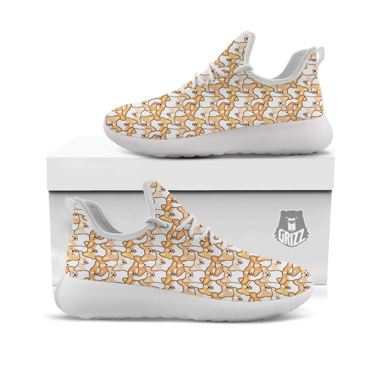 Happy Corgi Print Pattern White Athletic Shoes-grizzshop