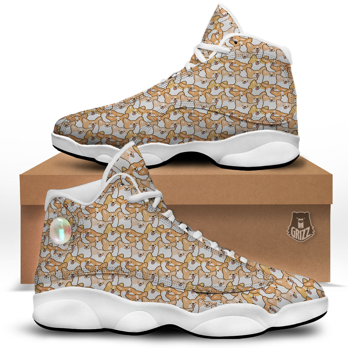Happy Corgi Print Pattern White Basketball Shoes-grizzshop