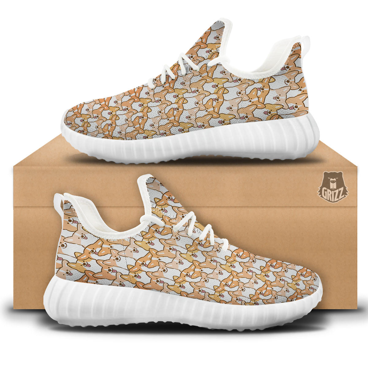 Happy Corgi Print Pattern White Walking Shoes-grizzshop