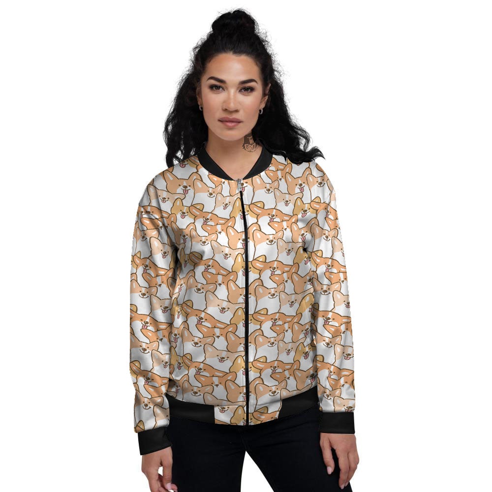 Happy Corgi Print Pattern Women's Bomber Jacket-grizzshop
