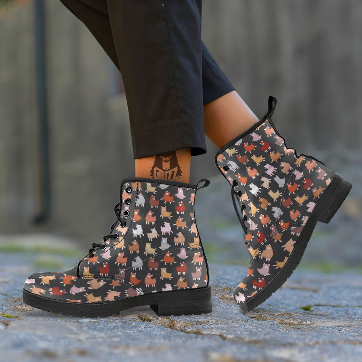 Happy Llama Print Pattern Leather Boots-grizzshop