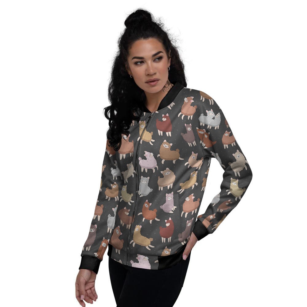 Happy Llama Print Pattern Women's Bomber Jacket-grizzshop