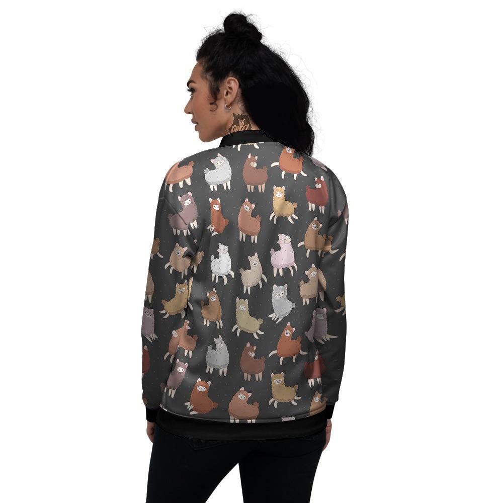 Happy Llama Print Pattern Women's Bomber Jacket-grizzshop
