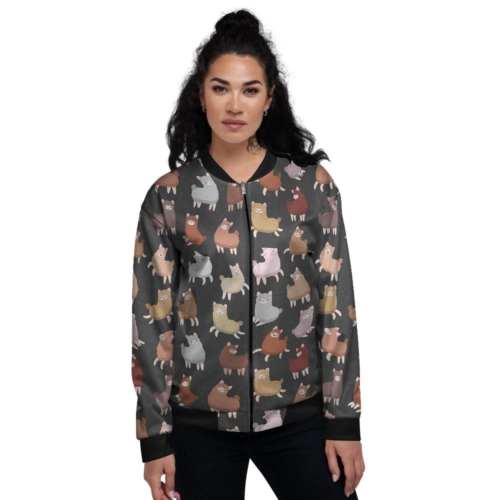 Happy Llama Print Pattern Women's Bomber Jacket-grizzshop