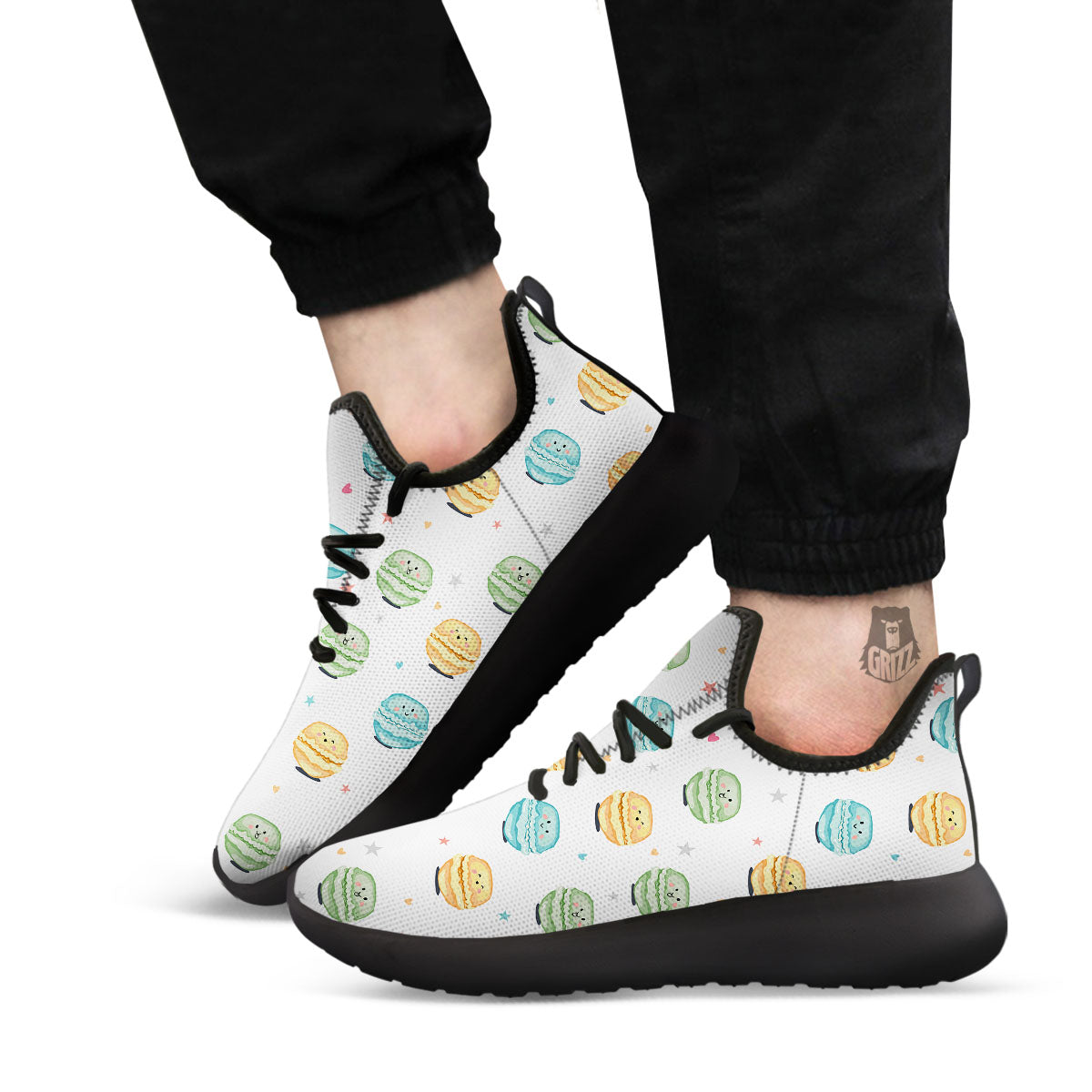 Happy Macarons Print Pattern Black Athletic Shoes-grizzshop