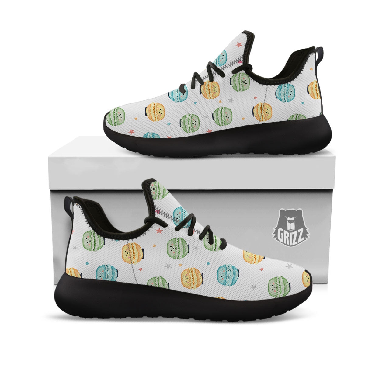 Happy Macarons Print Pattern Black Athletic Shoes-grizzshop