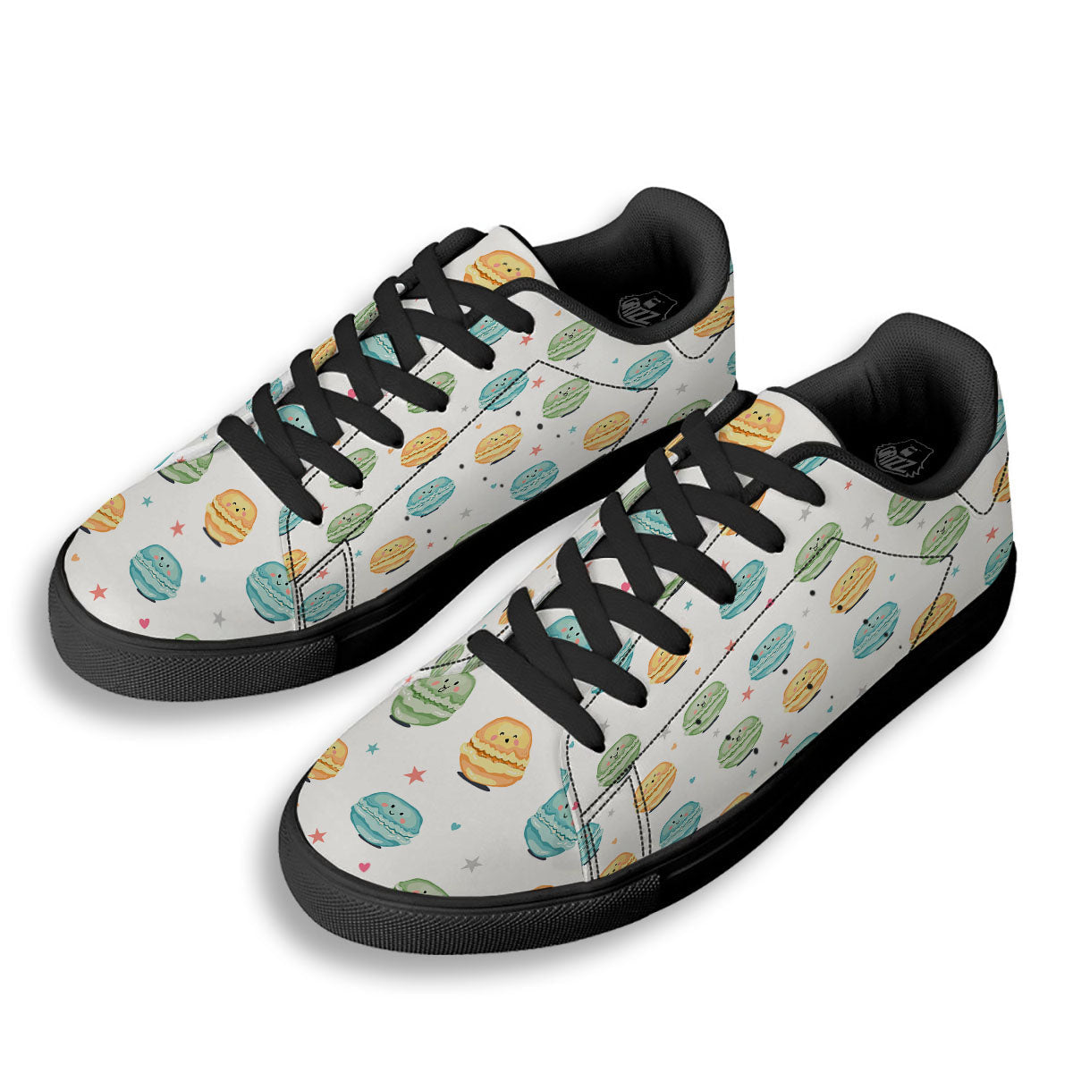 Happy Macarons Print Pattern Black Low Top Sneakers-grizzshop