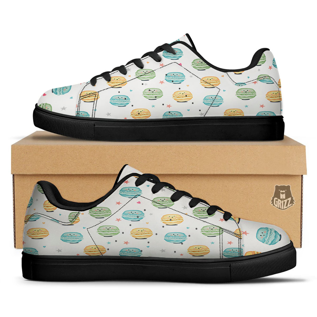 Happy Macarons Print Pattern Black Low Top Sneakers-grizzshop