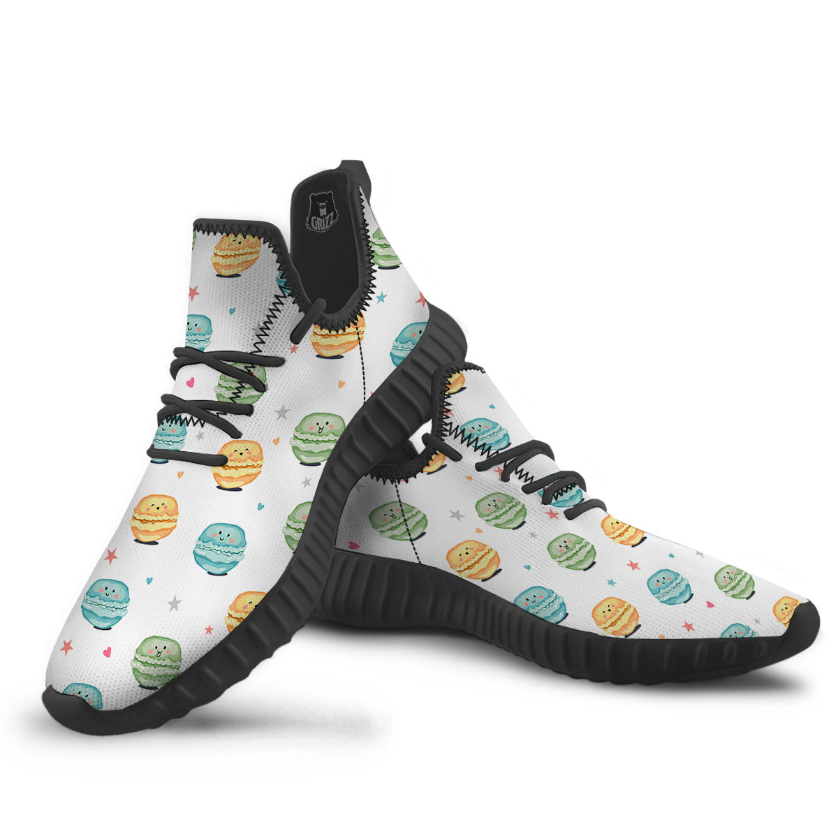 Happy Macarons Print Pattern Black Walking Shoes-grizzshop
