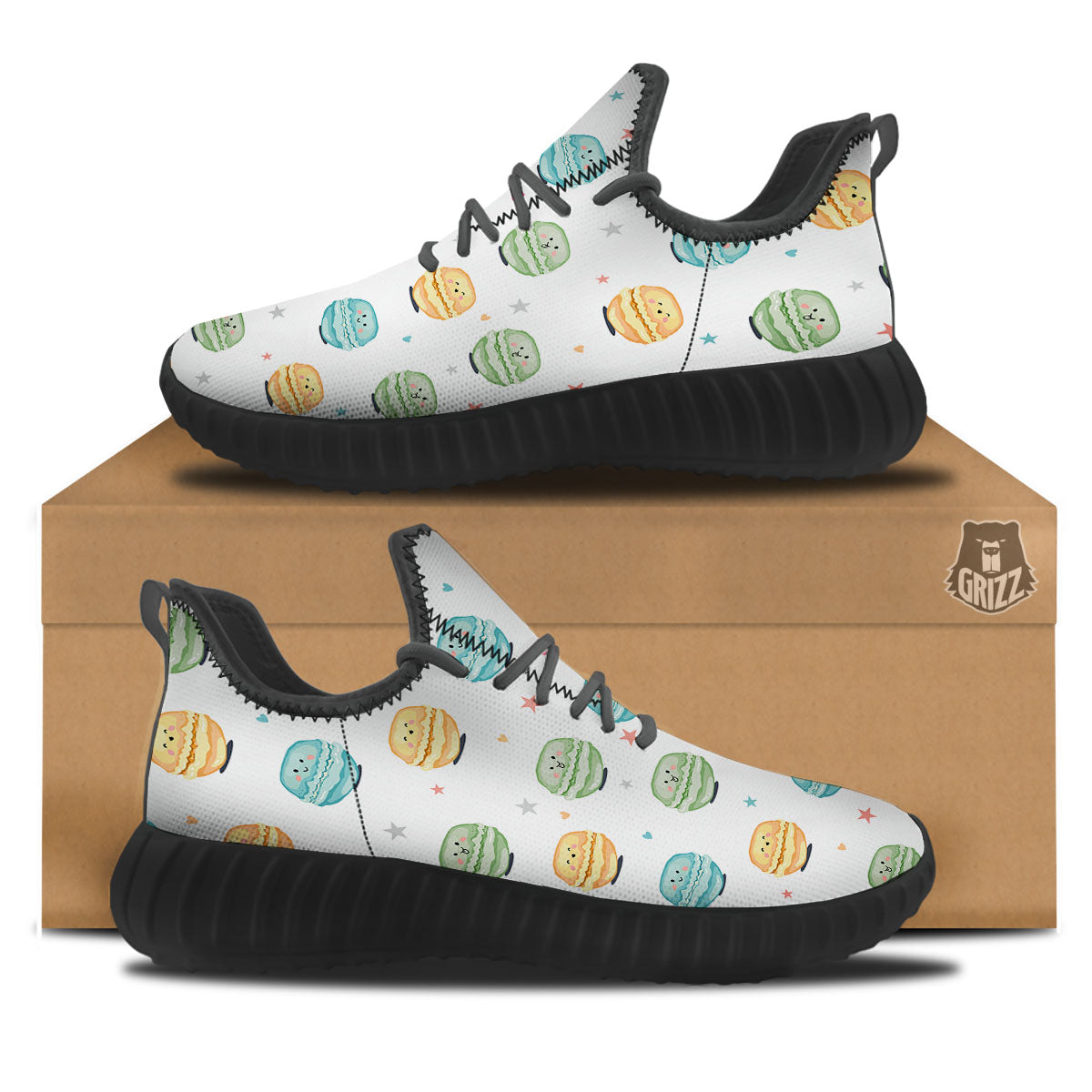 Happy Macarons Print Pattern Black Walking Shoes-grizzshop