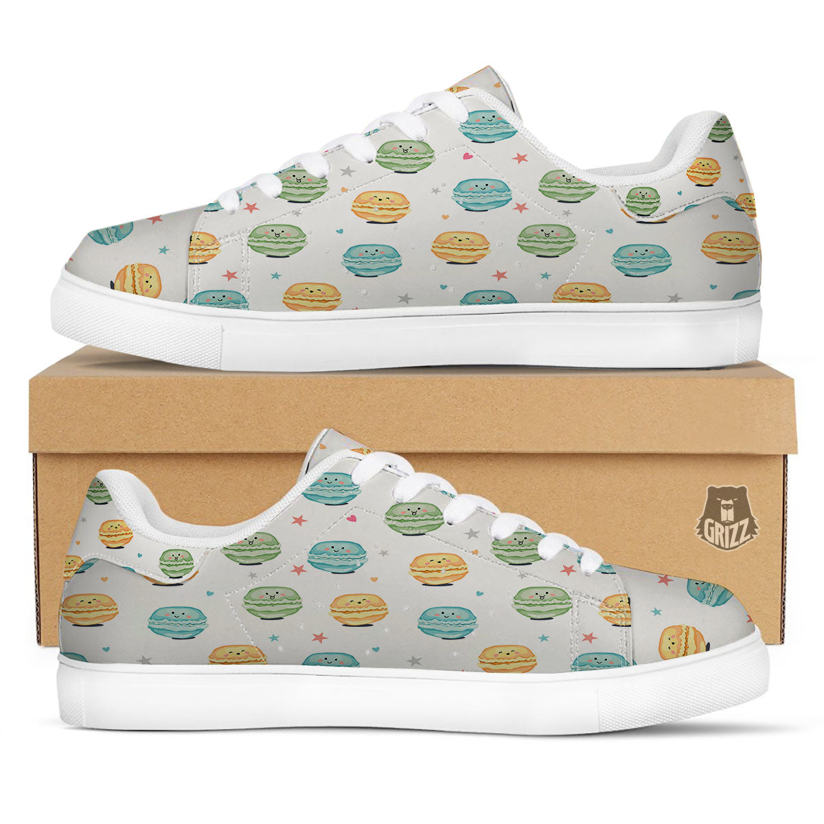 Happy Macarons Print Pattern White Low Top Sneakers-grizzshop