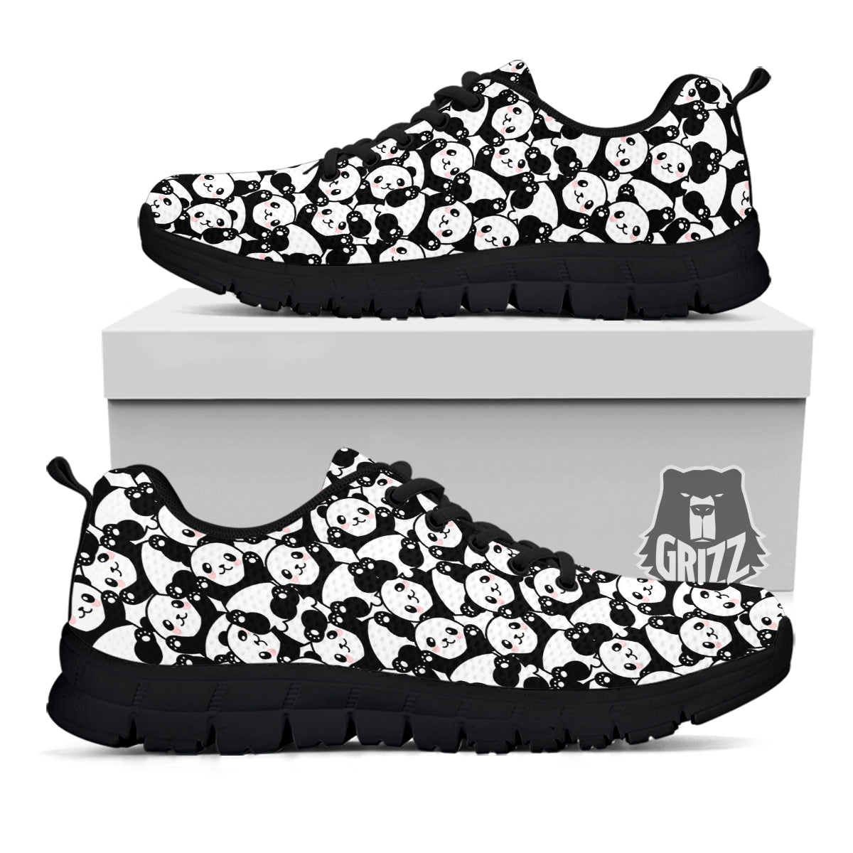 Happy Panda Cute Print Pattern Black Sneaker-grizzshop