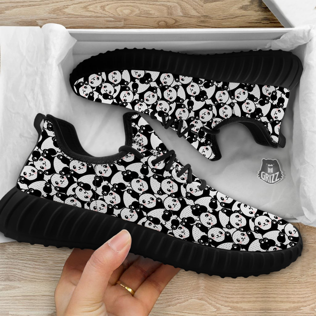 Happy Panda Cute Print Pattern Black Walking Shoes-grizzshop