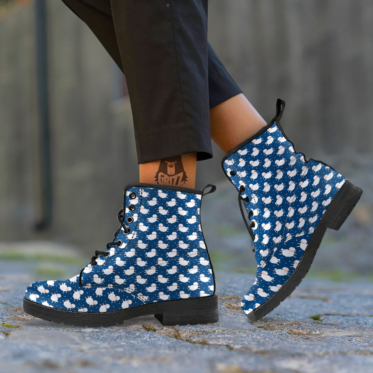 Happy Sheep Print Pattern Leather Boots-grizzshop