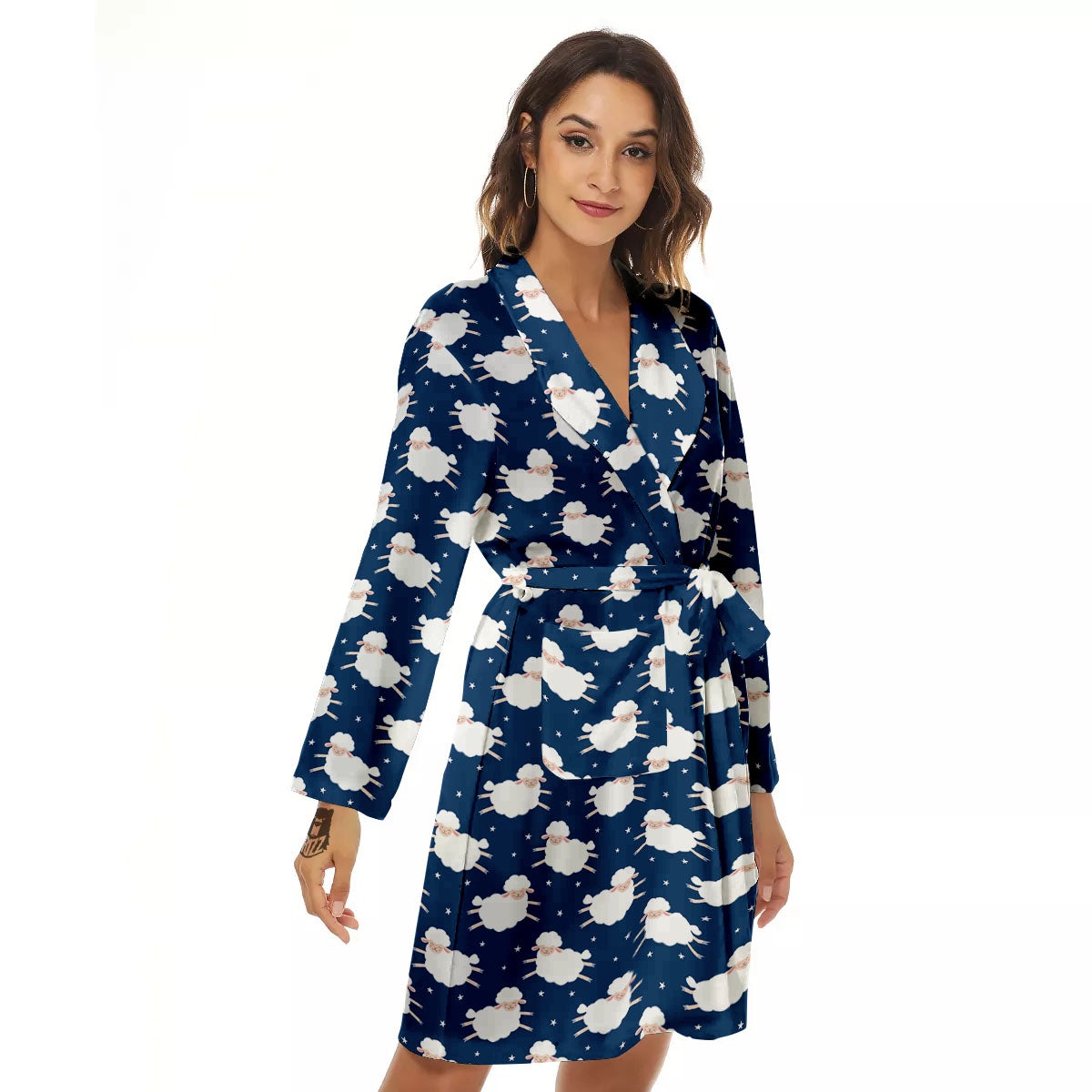 Happy Sheep Print Pattern Women's Robe-grizzshop