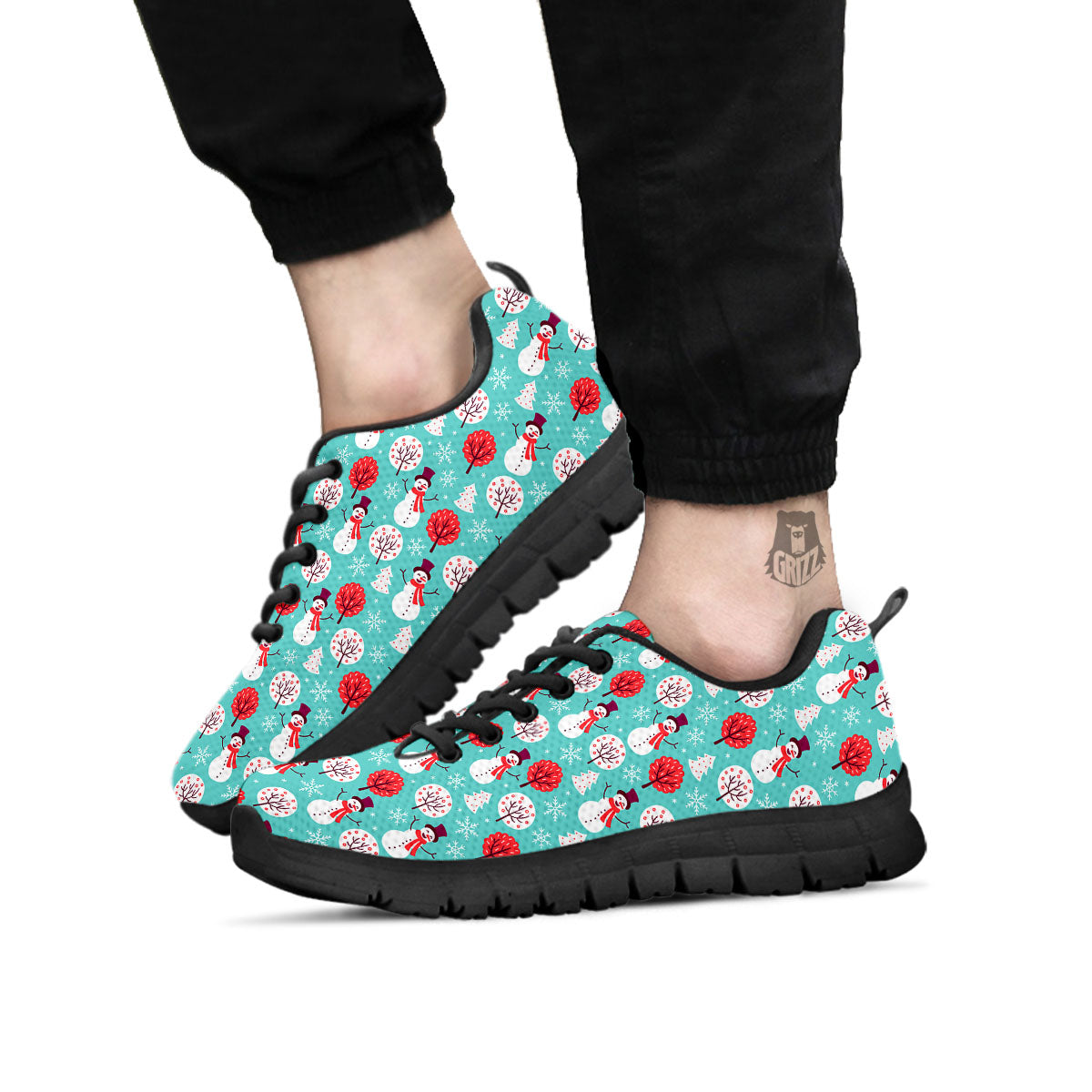Happy Snowman Print Pattern Black Sneaker-grizzshop