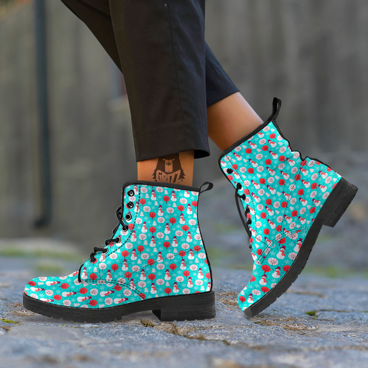 Happy Snowman Print Pattern Leather Boots-grizzshop