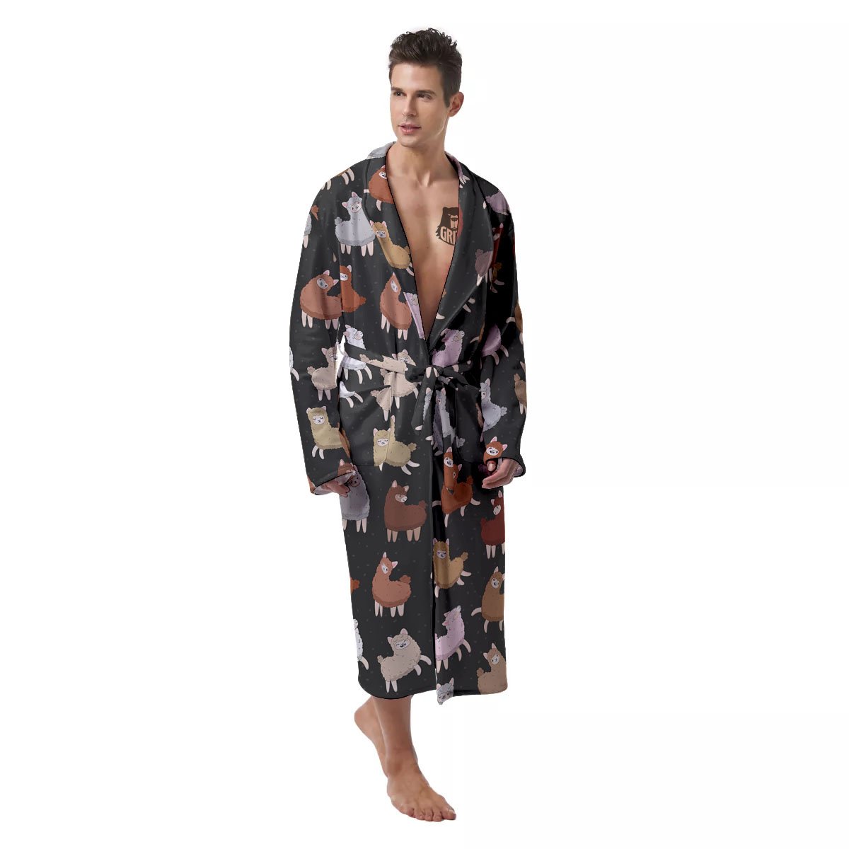 Happy Llama Print Pattern Men's Robe-grizzshop