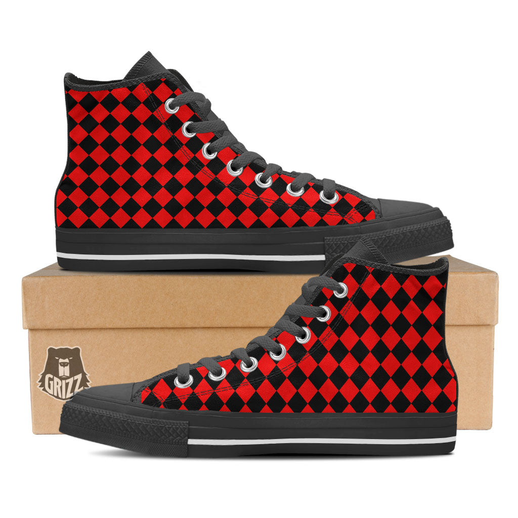 Harlequin Black And Red Print Pattern Black High Top Shoes-grizzshop