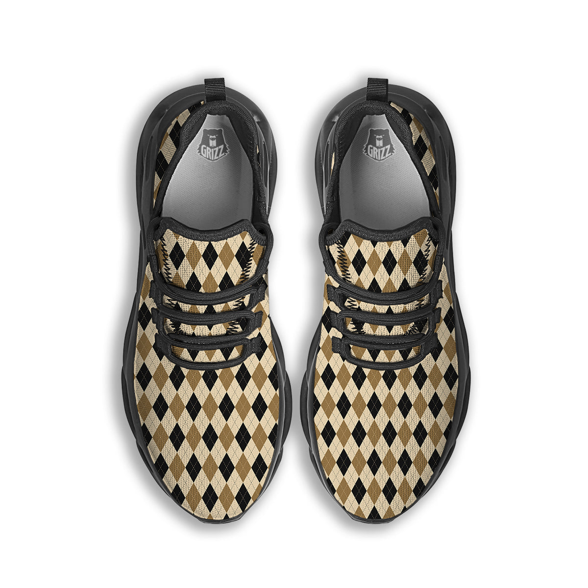 Harlequin Gold And Black Print Pattern Black Running Shoes-grizzshop