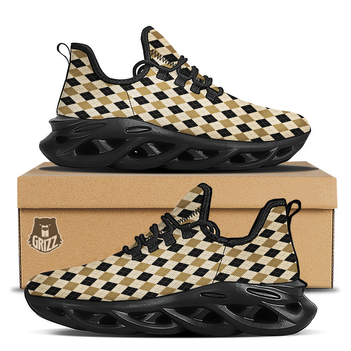 Harlequin Gold And Black Print Pattern Black Running Shoes-grizzshop
