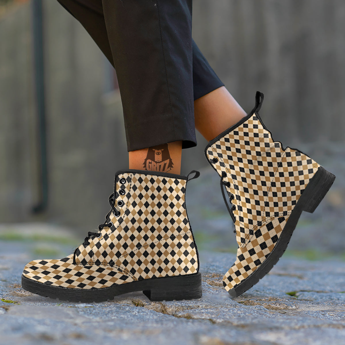 Harlequin Gold And Black Print Pattern Leather Boots-grizzshop