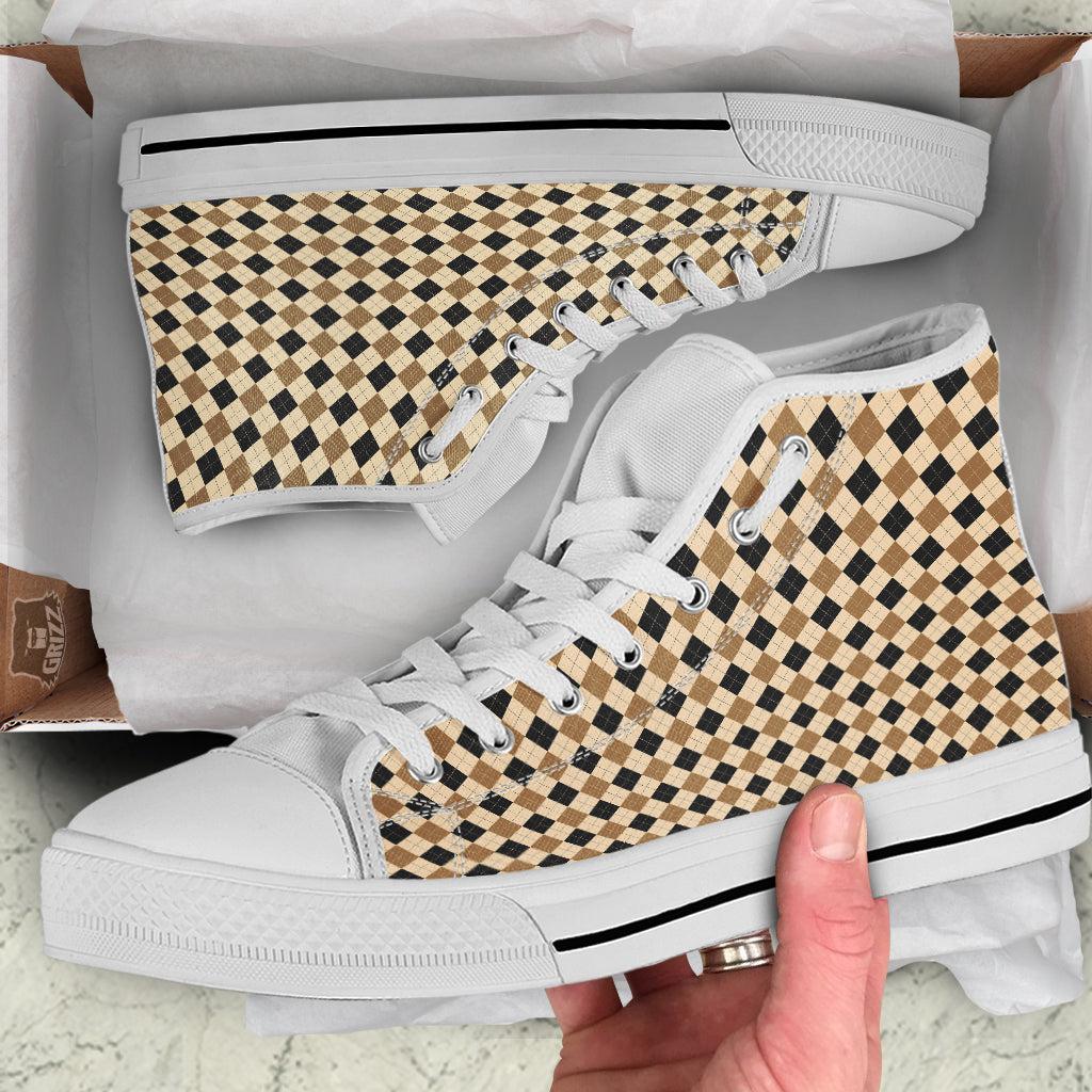 Harlequin Gold And Black Print Pattern White High Top Shoes-grizzshop