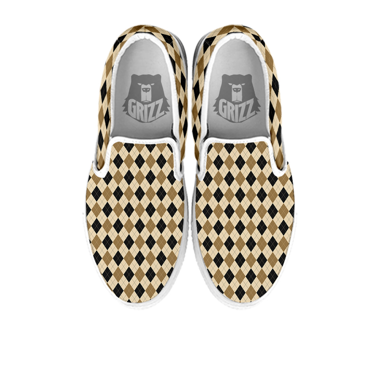 Harlequin Gold And Black Print Pattern White Slip On Shoes-grizzshop