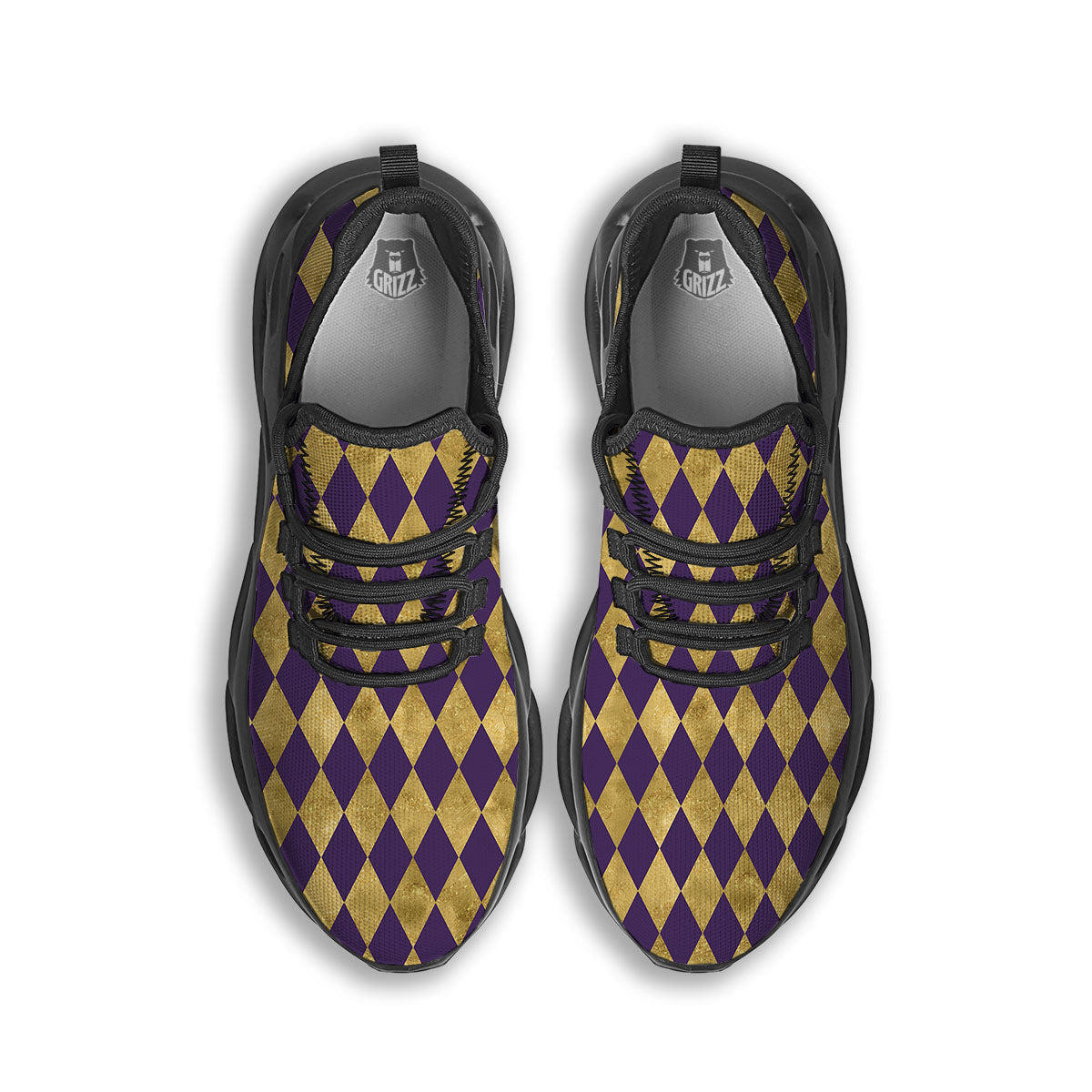 Harlequin Gold And Purple Print Pattern Black Running Shoes-grizzshop
