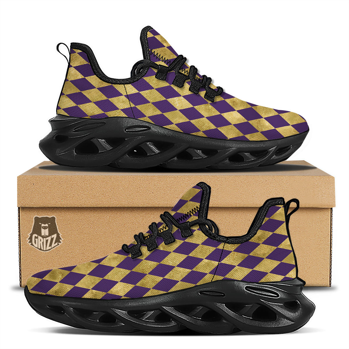 Harlequin Gold And Purple Print Pattern Black Running Shoes-grizzshop