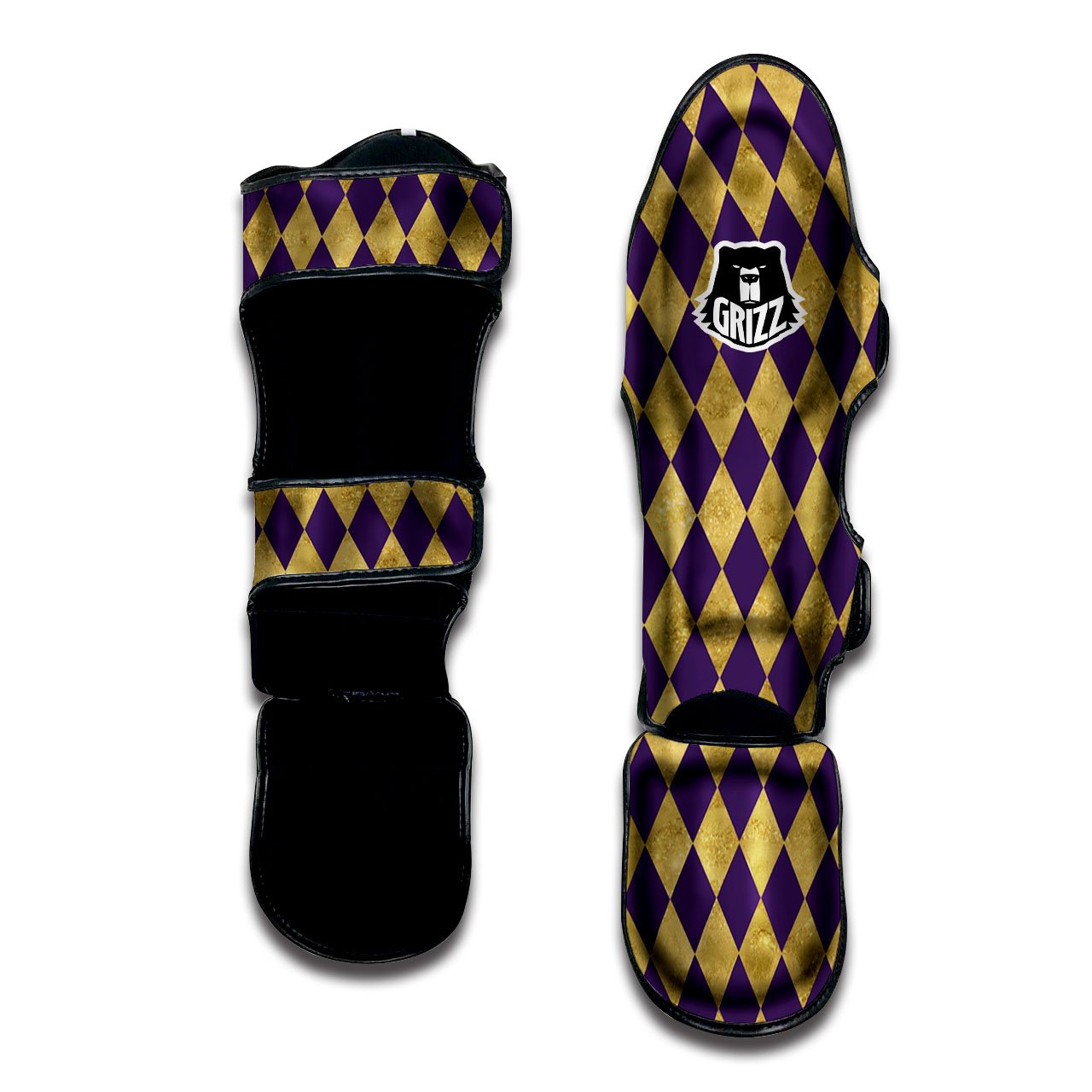 Harlequin Gold And Purple Print Pattern Muay Thai Shin Guards-grizzshop