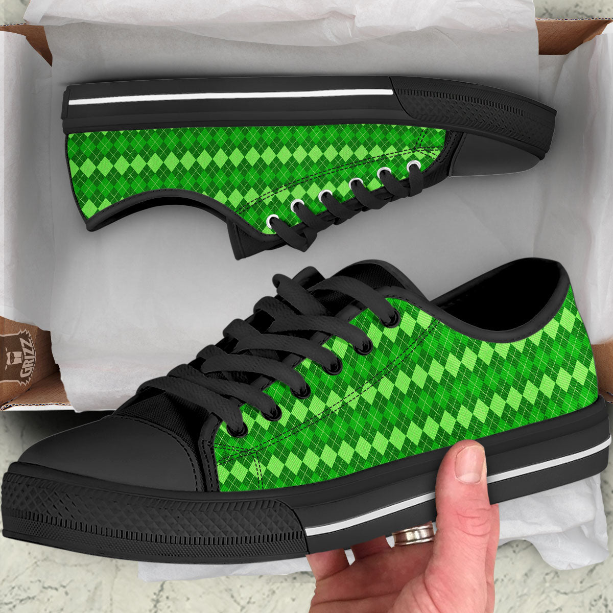 Harlequin Green Print Pattern Black Low Top Shoes-grizzshop