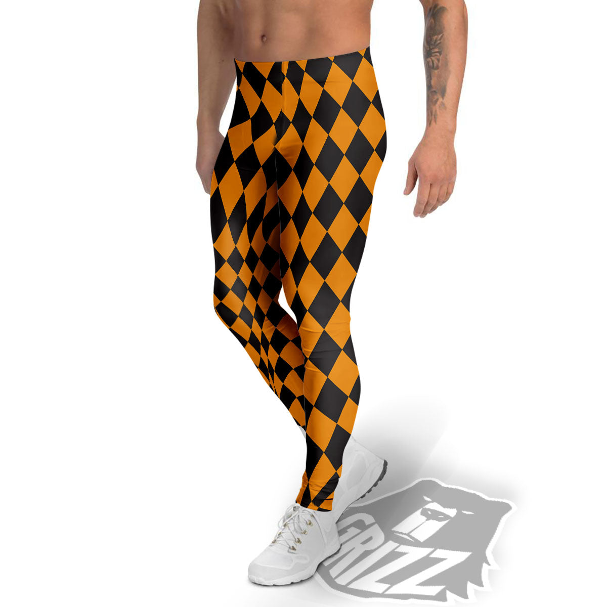 Harlequin Orange And Black Print Men's Leggings-grizzshop