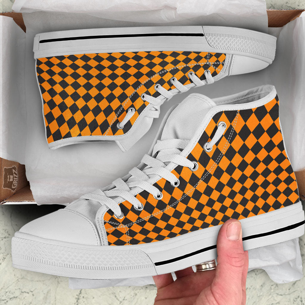 Harlequin Orange And Black Print White High Top Shoes-grizzshop
