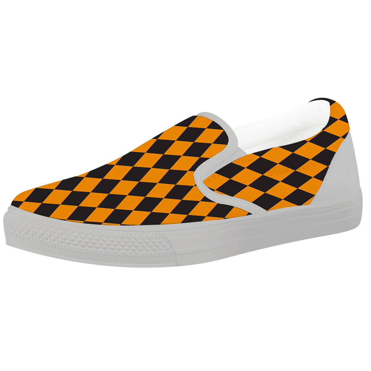 Harlequin Orange And Black Print White Slip On Shoes-grizzshop
