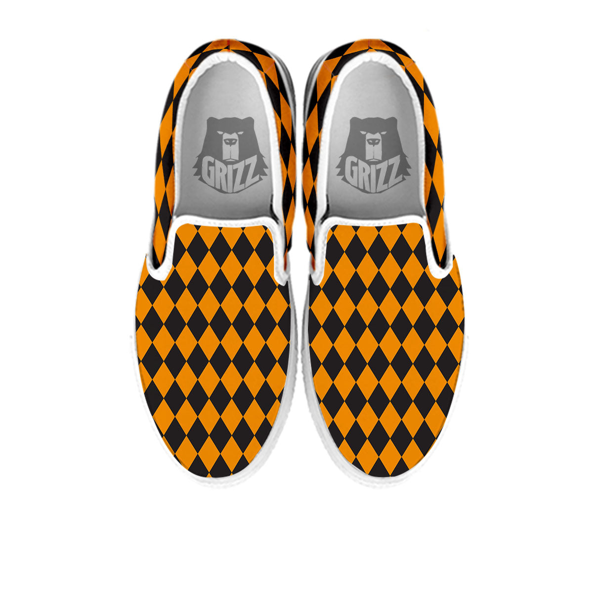 Harlequin Orange And Black Print White Slip On Shoes-grizzshop