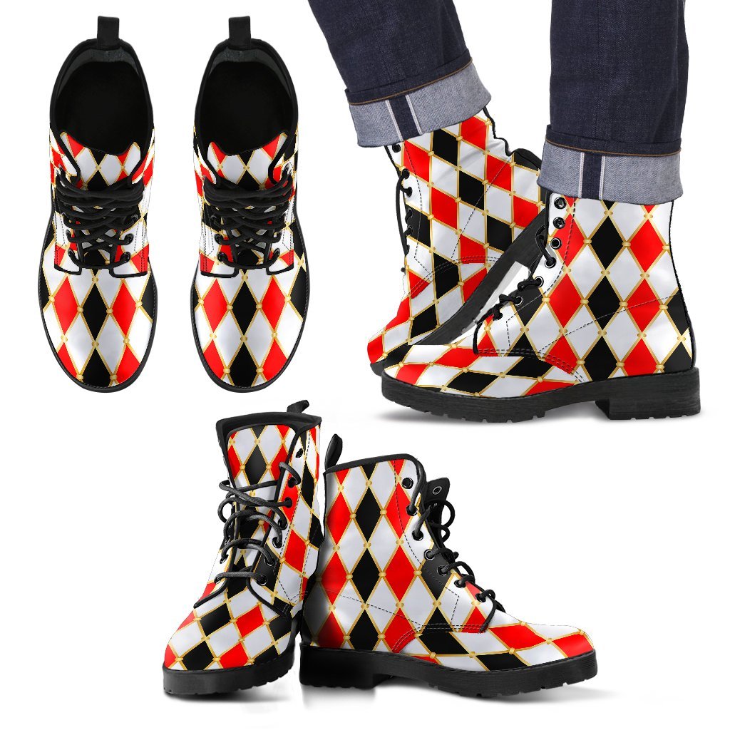 Harlequin Print Pattern Men Women Leather Boots-grizzshop