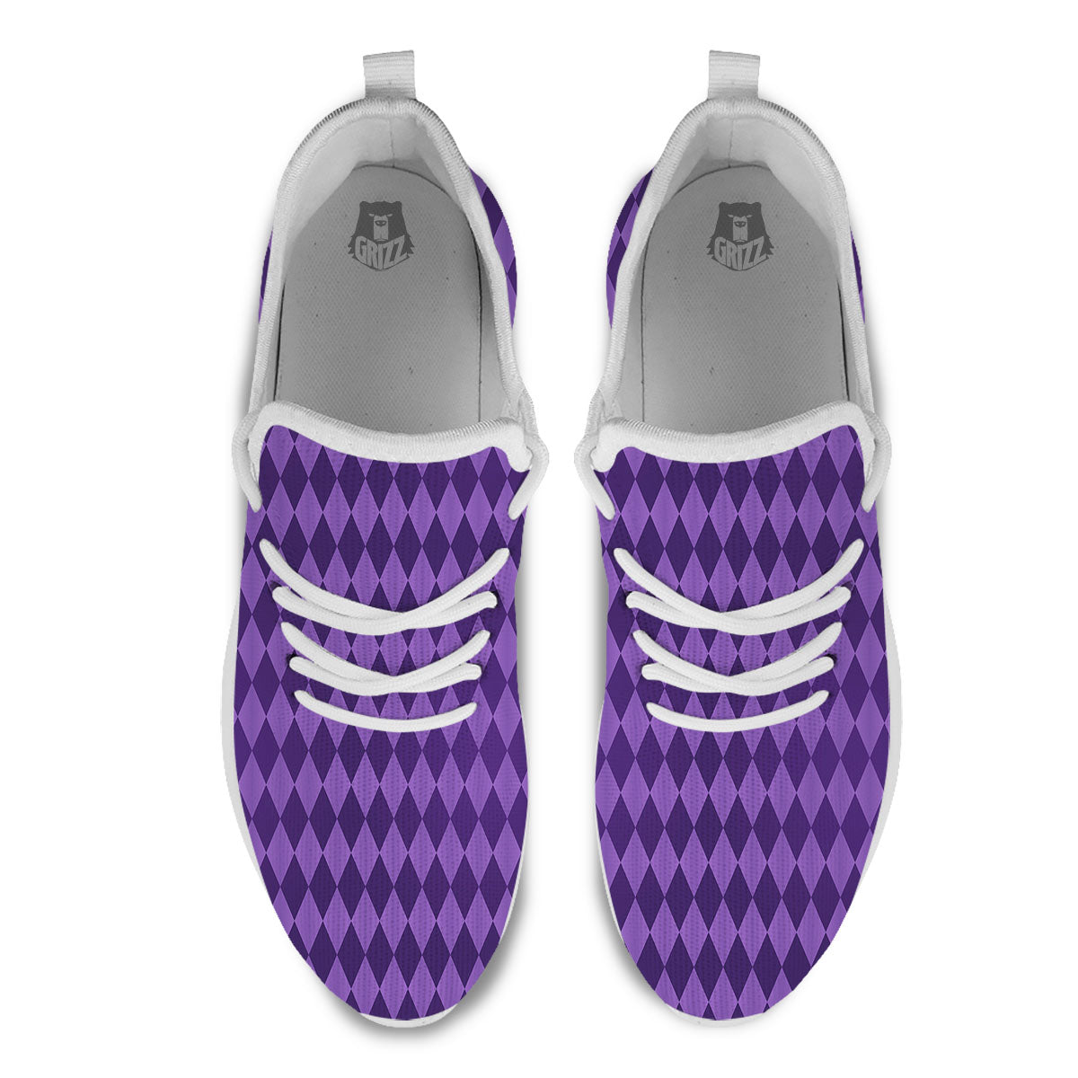 Harlequin Purple Print Pattern White Athletic Shoes-grizzshop